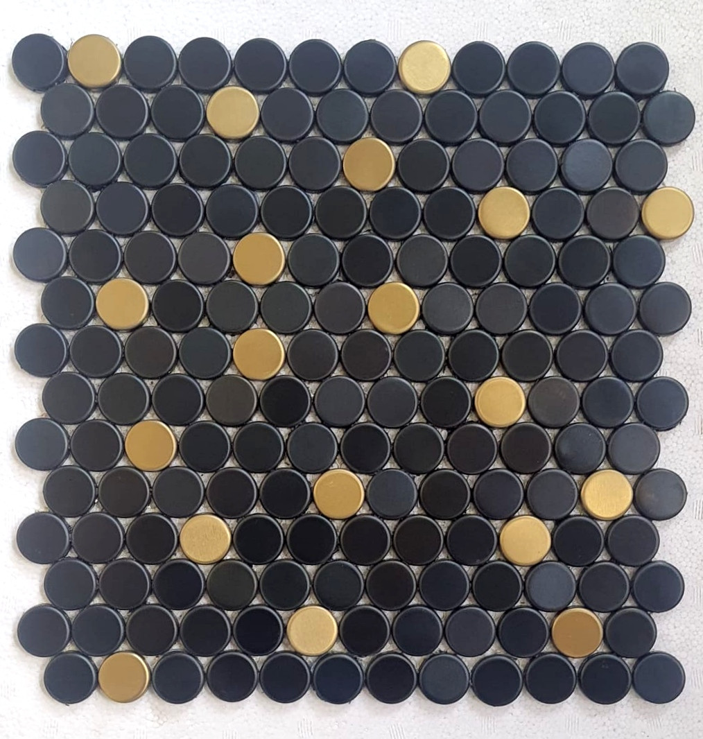 Penny Moon 1" Round Mosaic Tile - Black Matt & Gold Matt Mix Titanium Color