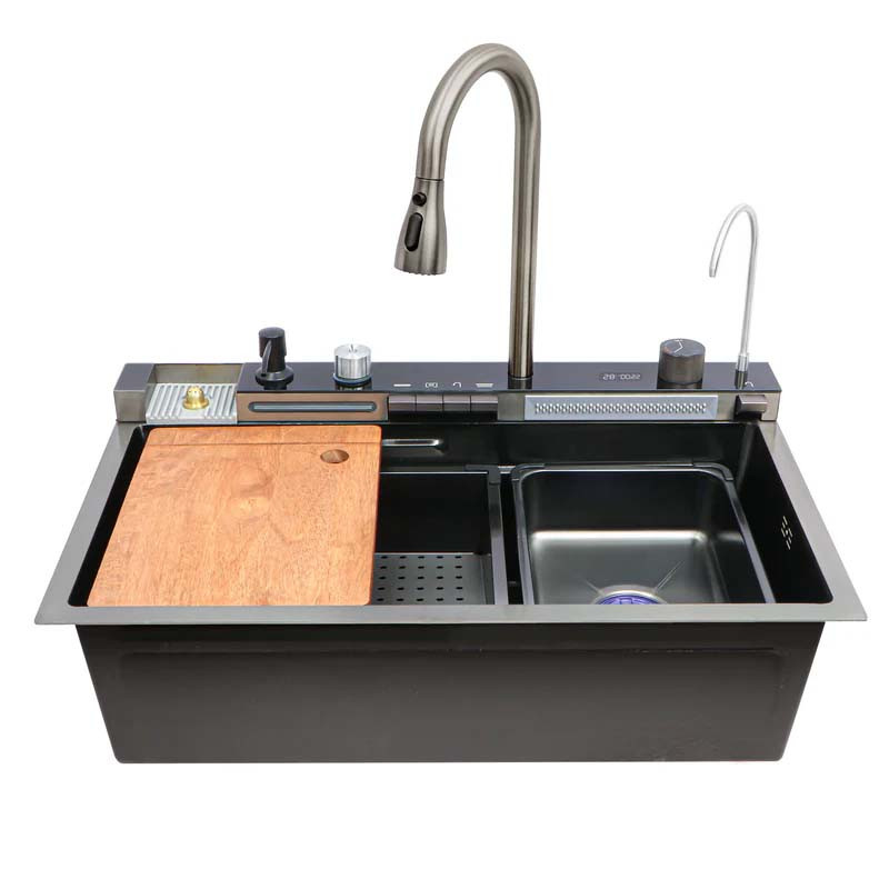 Khushi Kitchen Sink with Digital Display Waterfall, Shower, and Pull-down Faucet Set - 304 Grade Stainless Steel Sink with RO Tap, Cup Washer, Soap Dispenser, Drain Baskets - 30x18x9 inch, Nano Coatin